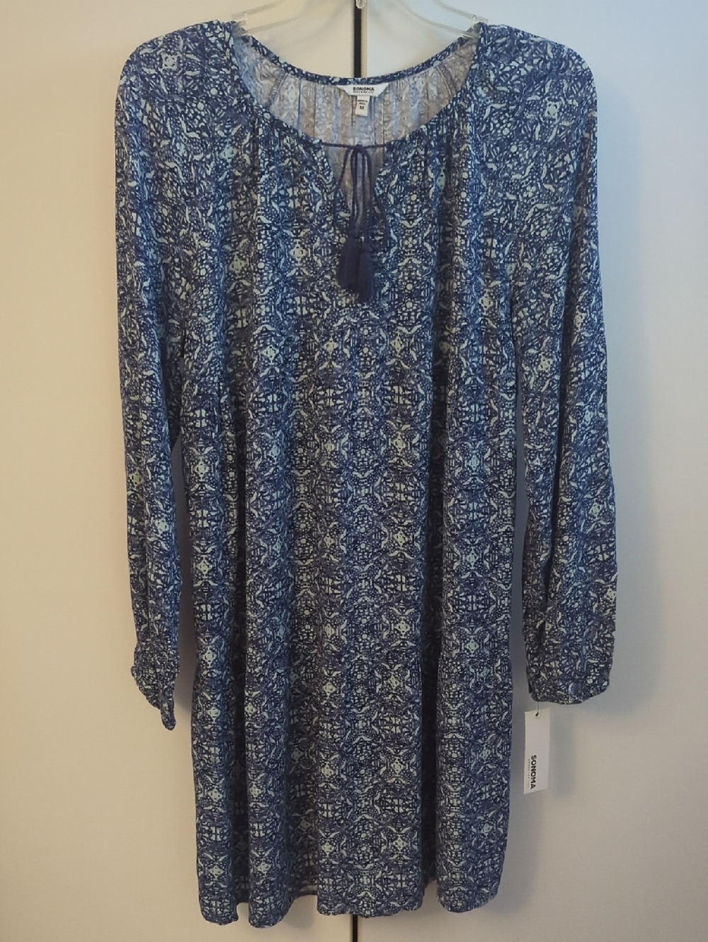Kohl's Blue Printed Long-Sleeve Tie-Neck Dress